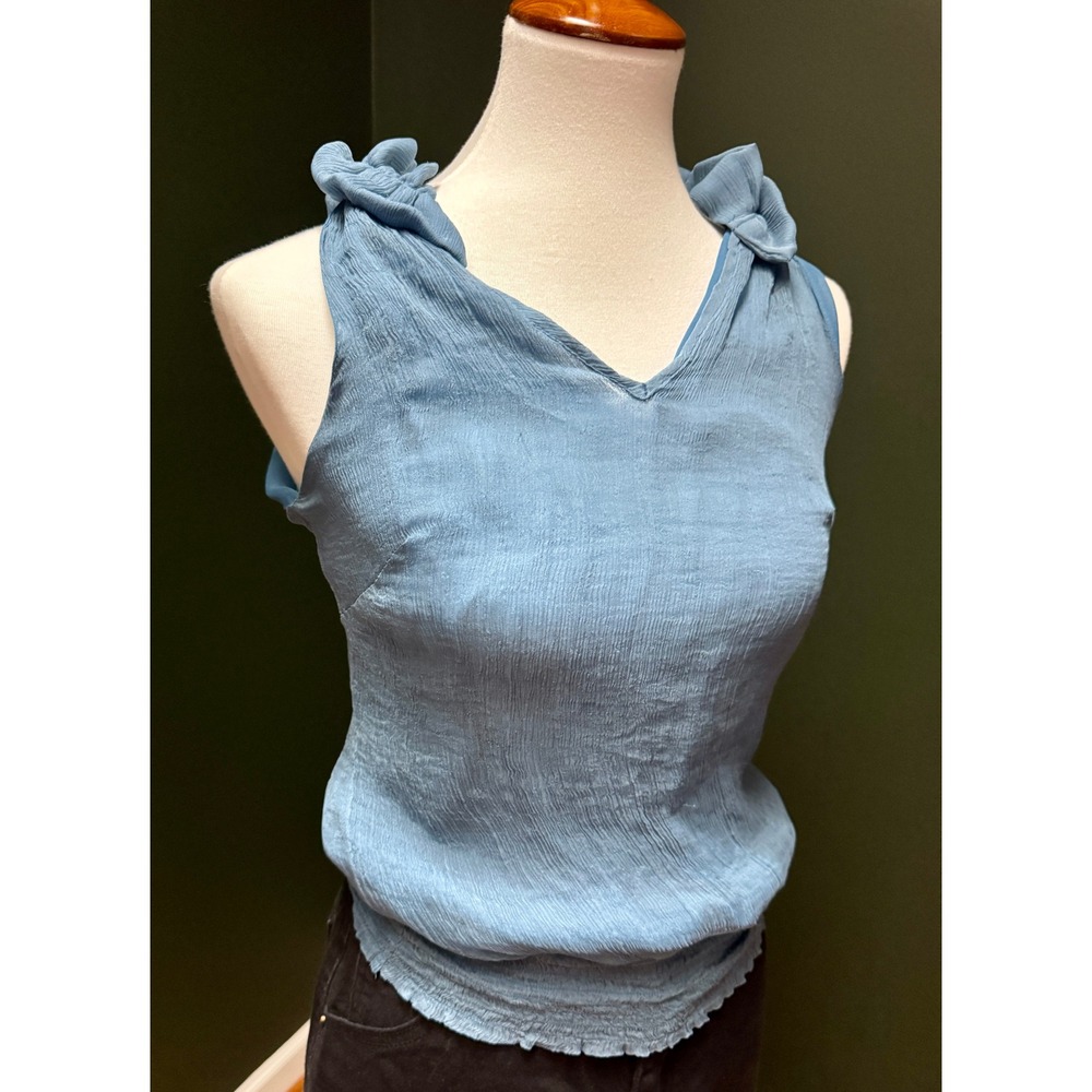Elena Solano Blue Sleeveless Ruffle Neck Smocked Waist Blouse Women's Size S - Picture 3 of 8